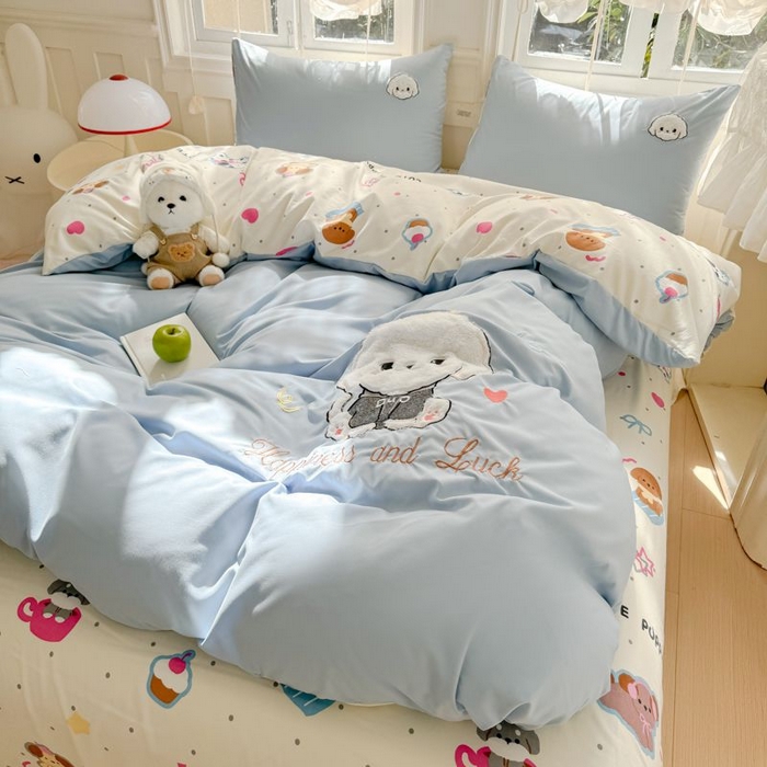 91家纺网 家纺一手货源 找家纺 悦兴家纺 2025新款A类水洗棉治愈萌犬系列四件套（含买家秀） 奶蓝多duo狗狗