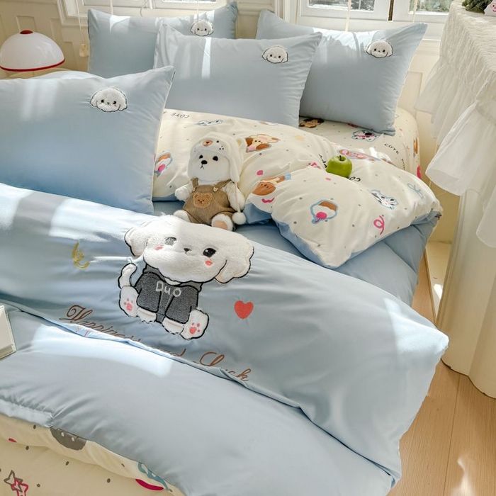 91家纺网 家纺一手货源 找家纺 悦兴家纺 2025新款A类水洗棉治愈萌犬系列四件套（含买家秀） 奶蓝多duo狗狗