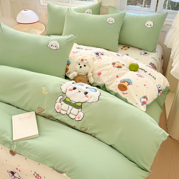 91家纺网 家纺一手货源 找家纺 悦兴家纺 2025新款A类水洗棉治愈萌犬系列四件套（含买家秀） 奶绿学院狗狗