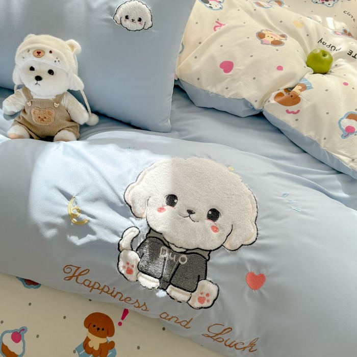 91家纺网 家纺一手货源 找家纺 悦兴家纺 2025新款A类水洗棉治愈萌犬系列四件套（含买家秀） 奶蓝多duo狗狗