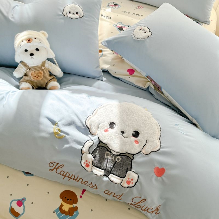 91家纺网 家纺一手货源 找家纺 悦兴家纺 2025新款A类水洗棉治愈萌犬系列四件套（含买家秀） 奶蓝多duo狗狗