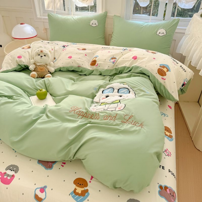 91家纺网 家纺一手货源 找家纺 悦兴家纺 2025新款A类水洗棉治愈萌犬系列四件套（含买家秀） 奶绿学院狗狗