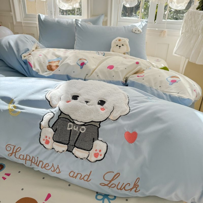 91家纺网 家纺一手货源 找家纺 悦兴家纺 2025新款A类水洗棉治愈萌犬系列四件套（含买家秀） 奶蓝多duo狗狗