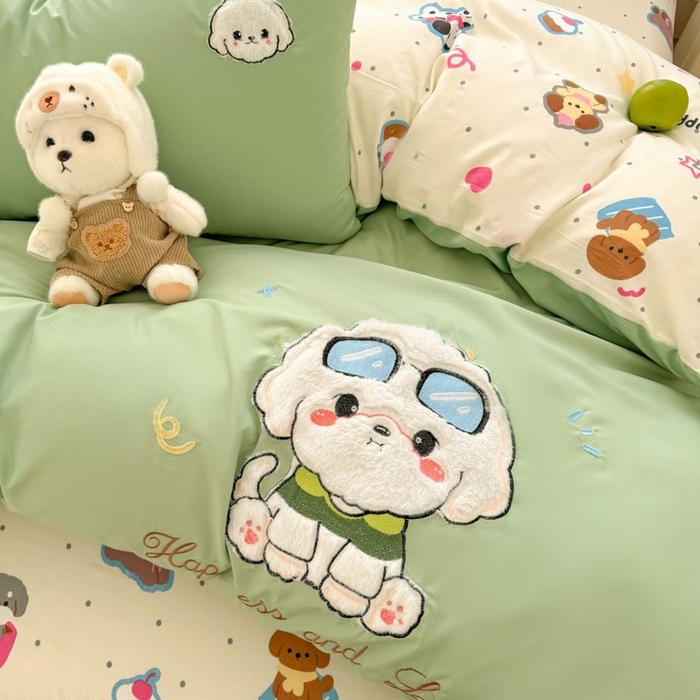 91家纺网 家纺一手货源 找家纺 悦兴家纺 2025新款A类水洗棉治愈萌犬系列四件套（含买家秀） 奶绿学院狗狗