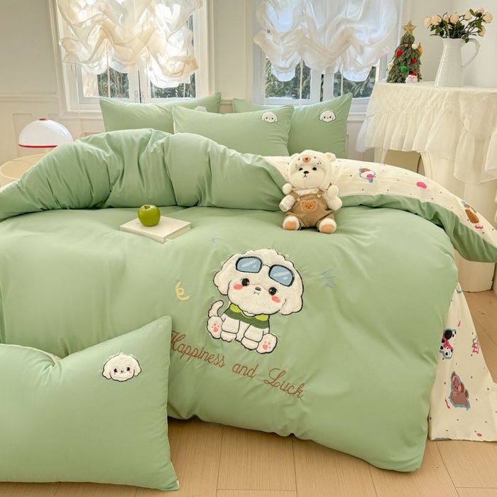 91家纺网 家纺一手货源 找家纺 悦兴家纺 2025新款A类水洗棉治愈萌犬系列四件套（含买家秀） 奶绿学院狗狗