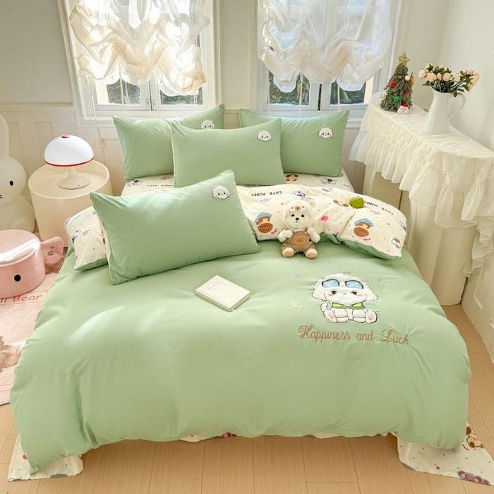 91家纺网 家纺一手货源 找家纺 悦兴家纺 2025新款A类水洗棉治愈萌犬系列四件套（含买家秀） 奶绿学院狗狗