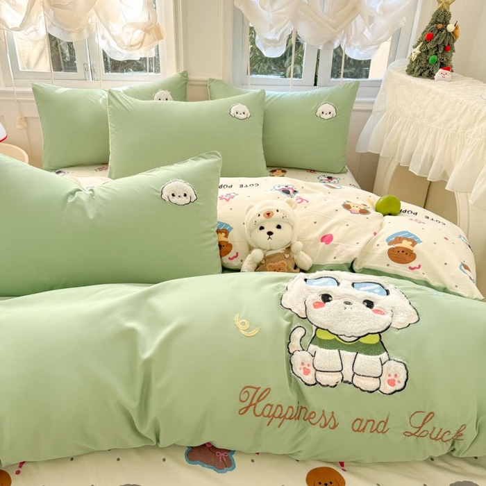 91家纺网 家纺一手货源 找家纺 悦兴家纺 2025新款A类水洗棉治愈萌犬系列四件套（含买家秀） 奶绿学院狗狗