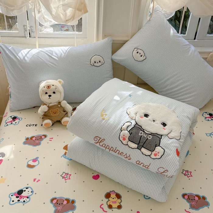 91家纺网 家纺一手货源 找家纺 悦兴家纺 2025新款A类水洗棉治愈萌犬系列四件套（含买家秀） 蓝格多duo狗狗