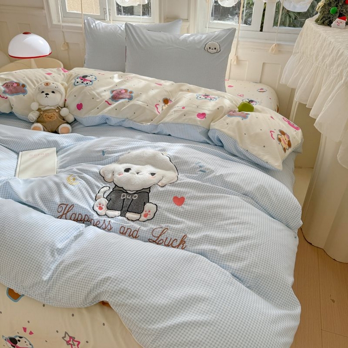 91家纺网 家纺一手货源 找家纺 悦兴家纺 2025新款A类水洗棉治愈萌犬系列四件套（含买家秀） 蓝格多duo狗狗