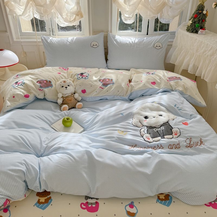 91家纺网 家纺一手货源 找家纺 悦兴家纺 2025新款A类水洗棉治愈萌犬系列四件套（含买家秀） 蓝格多duo狗狗