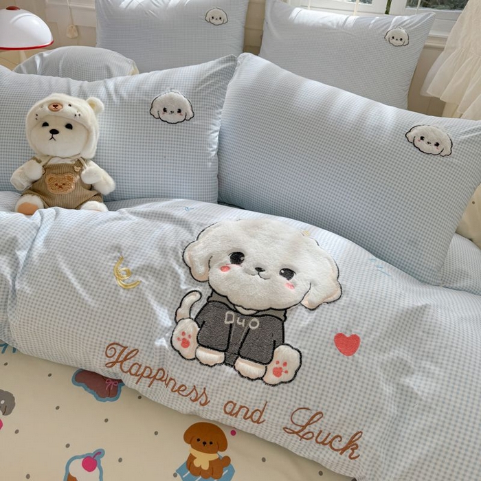 91家纺网 家纺一手货源 找家纺 悦兴家纺 2025新款A类水洗棉治愈萌犬系列四件套（含买家秀） 蓝格多duo狗狗