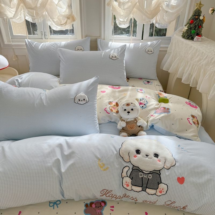 91家纺网 家纺一手货源 找家纺 悦兴家纺 2025新款A类水洗棉治愈萌犬系列四件套（含买家秀） 蓝格多duo狗狗