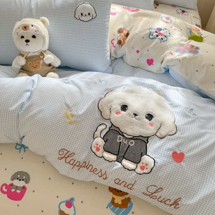 91家纺网 家纺一手货源 找家纺 悦兴家纺 2025新款A类水洗棉治愈萌犬系列四件套（含买家秀） 蓝格多duo狗狗