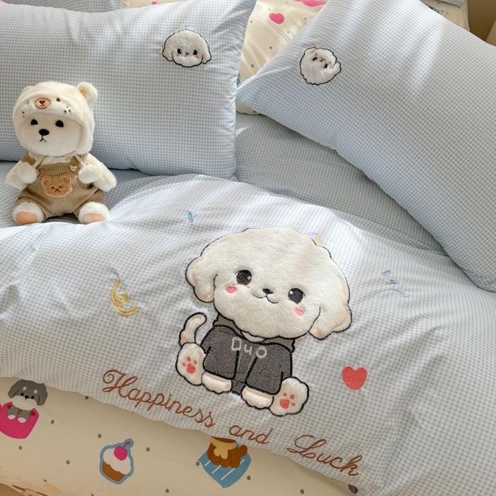 91家纺网 家纺一手货源 找家纺 悦兴家纺 2025新款A类水洗棉治愈萌犬系列四件套（含买家秀） 蓝格多duo狗狗