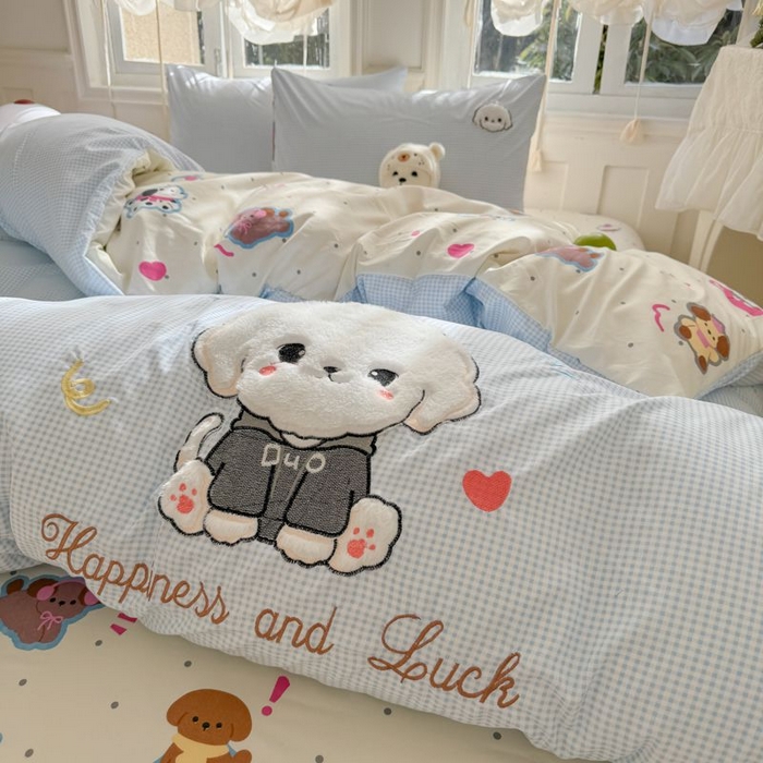 91家纺网 家纺一手货源 找家纺 悦兴家纺 2025新款A类水洗棉治愈萌犬系列四件套（含买家秀） 蓝格多duo狗狗