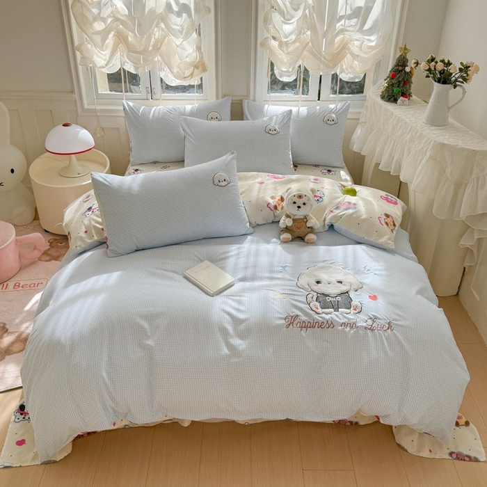 91家纺网 家纺一手货源 找家纺 悦兴家纺 2025新款A类水洗棉治愈萌犬系列四件套（含买家秀） 蓝格多duo狗狗