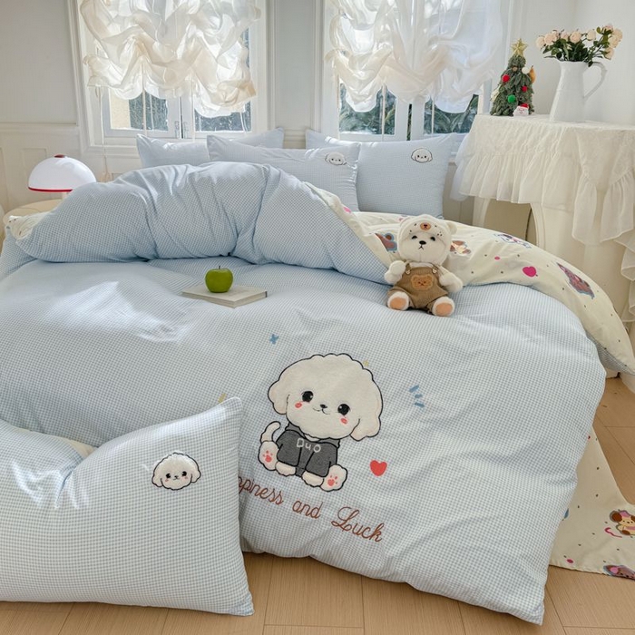 91家纺网 家纺一手货源 找家纺 悦兴家纺 2025新款A类水洗棉治愈萌犬系列四件套（含买家秀） 蓝格多duo狗狗