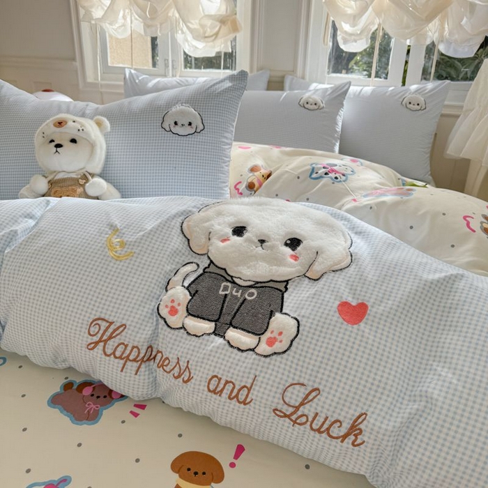 91家纺网 家纺一手货源 找家纺 悦兴家纺 2025新款A类水洗棉治愈萌犬系列四件套（含买家秀） 蓝格多duo狗狗