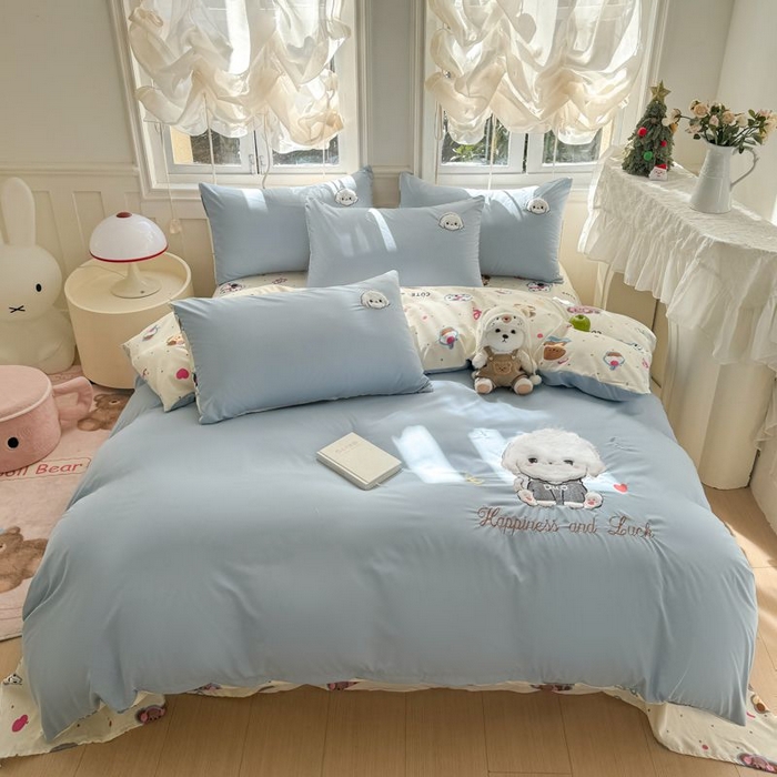 91家纺网 家纺一手货源 找家纺 悦兴家纺 2025新款A类水洗棉治愈萌犬系列四件套（含买家秀） 奶蓝多duo狗狗