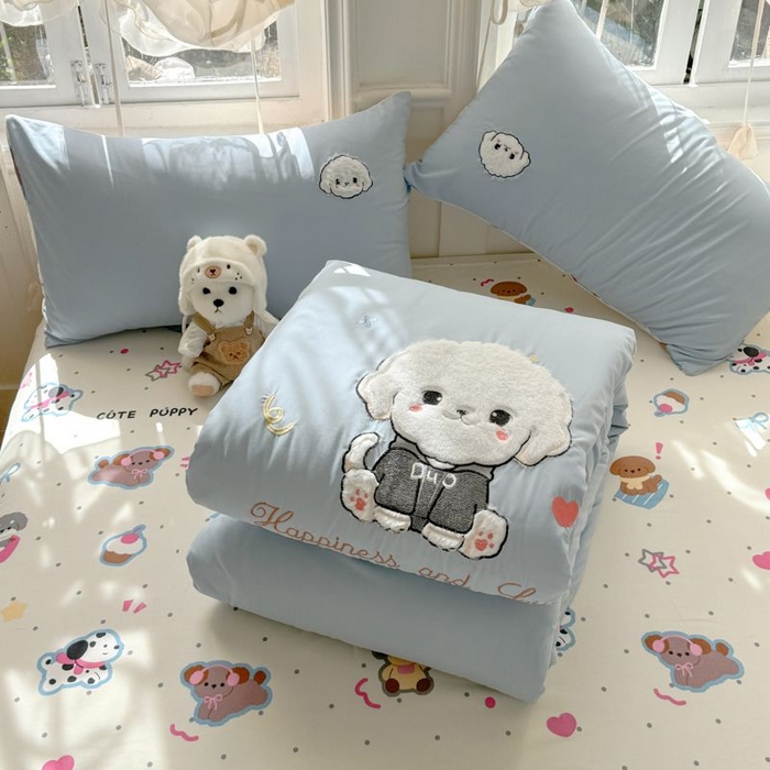 91家纺网 家纺一手货源 找家纺 悦兴家纺 2025新款A类水洗棉治愈萌犬系列四件套（含买家秀） 奶蓝多duo狗狗