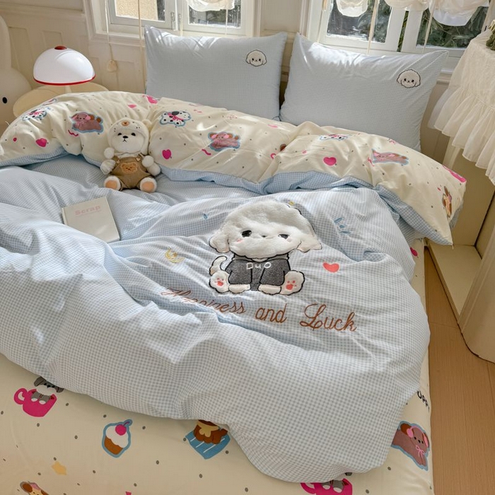 91家纺网 家纺一手货源 找家纺 悦兴家纺 2025新款A类水洗棉治愈萌犬系列四件套（含买家秀） 蓝格多duo狗狗