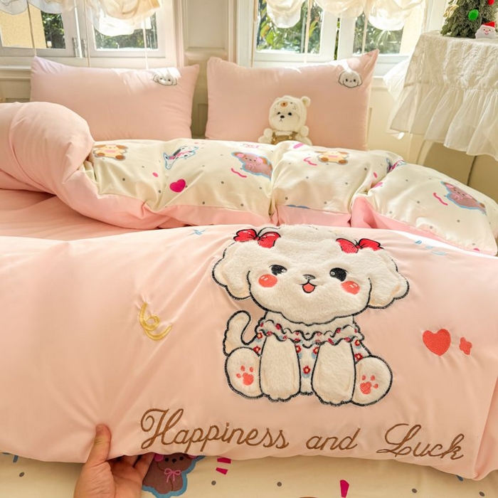 悦兴家纺 2025新款A类水洗棉治愈萌犬系列四件套（含买家秀） 奶粉蝴蝶狗