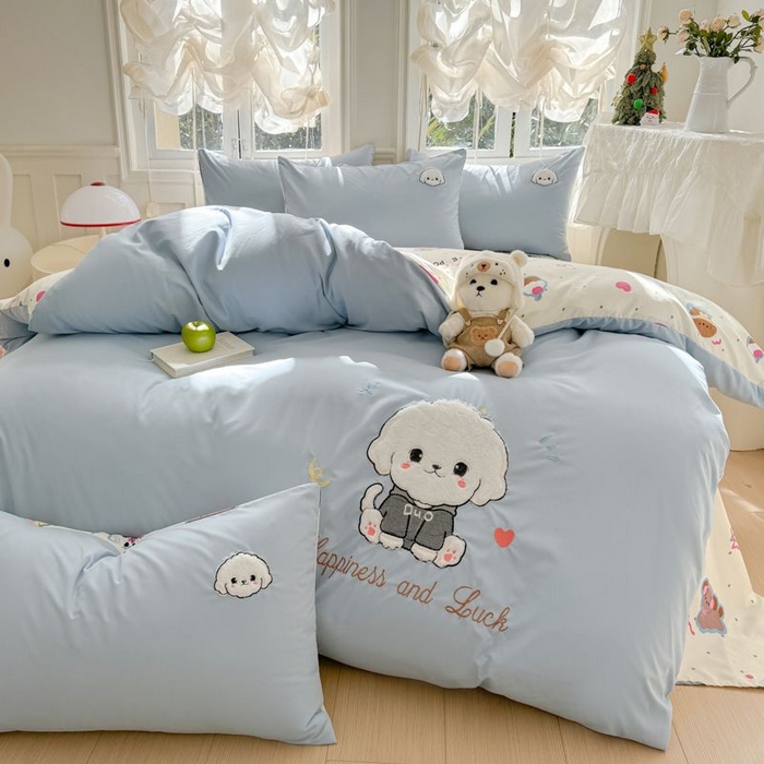 91家纺网 家纺一手货源 找家纺 悦兴家纺 2025新款A类水洗棉治愈萌犬系列四件套（含买家秀） 奶蓝多duo狗狗