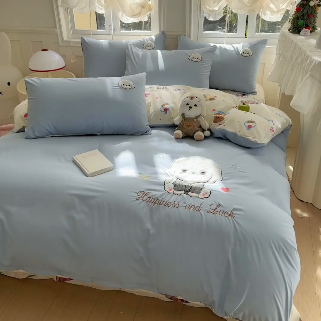 91家纺网 家纺一手货源 找家纺 悦兴家纺 2025新款A类水洗棉治愈萌犬系列四件套（含买家秀） 奶蓝多duo狗狗