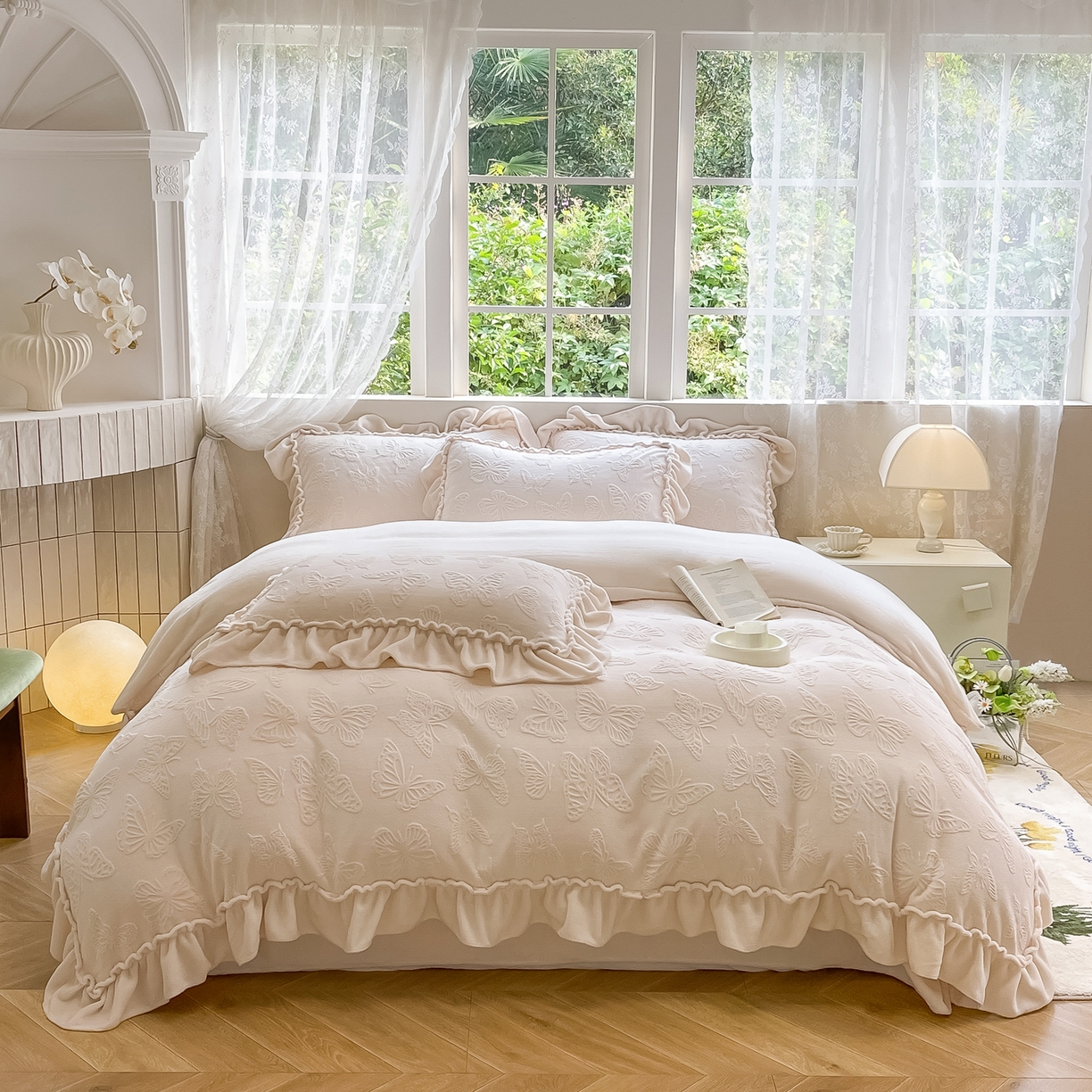 91家纺网 家纺一手货源 找家纺 （总）水云缦 2025新款牛奶绒木耳边四件套-蝶舞