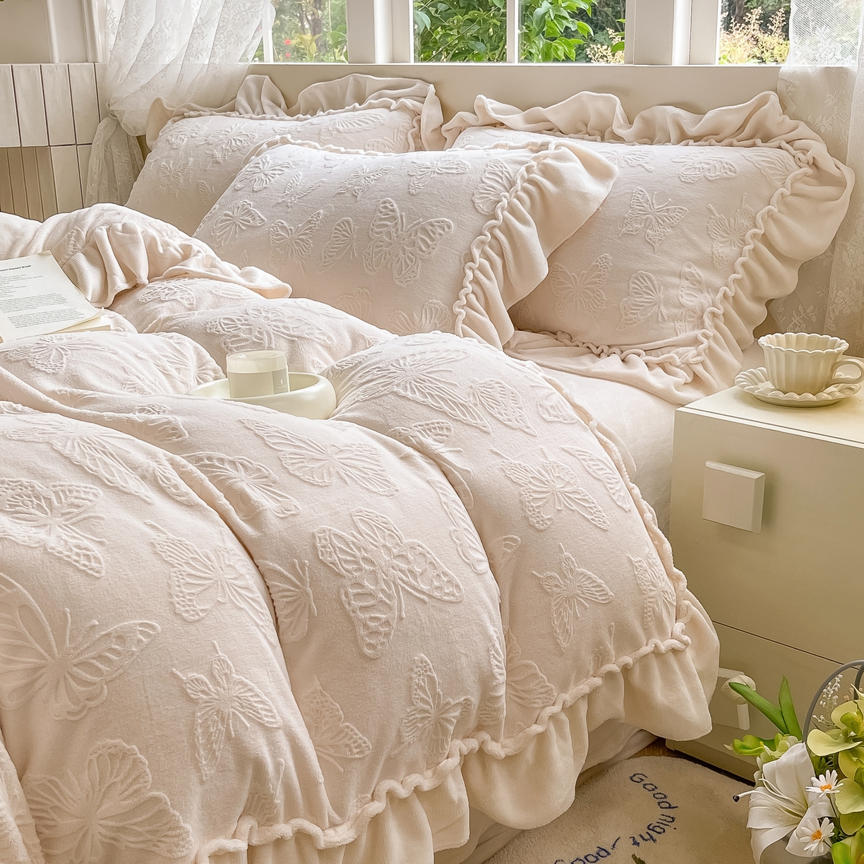 91家纺网 家纺一手货源 找家纺 （总）水云缦 2025新款牛奶绒木耳边四件套-蝶舞