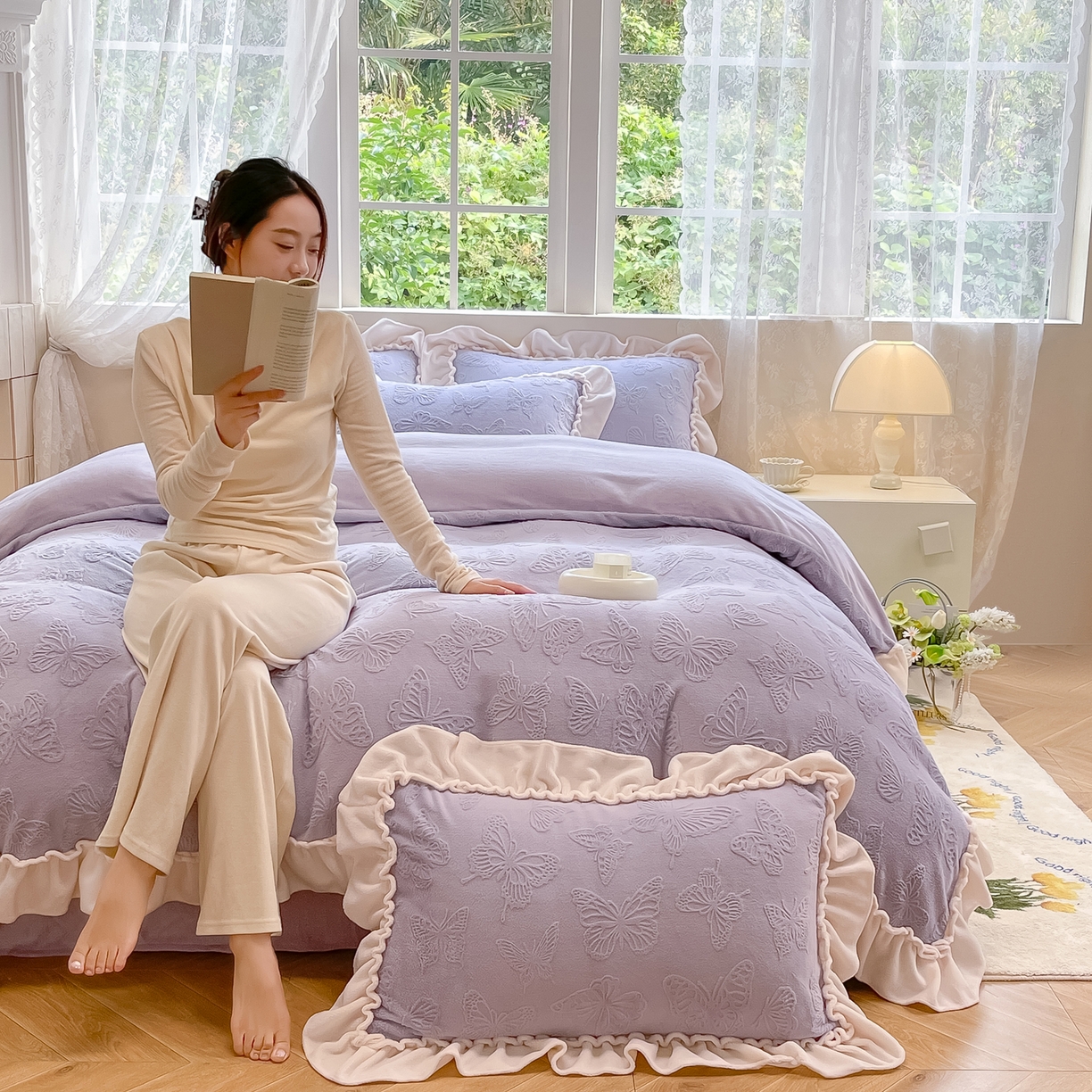 水云缦 2025新款牛奶绒木耳边四件套-蝶舞 蝶舞-香芋紫