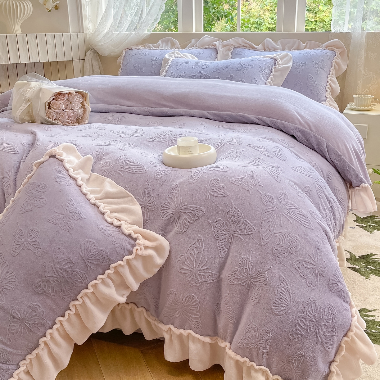 91家纺网 家纺一手货源 找家纺 水云缦 2025新款牛奶绒木耳边四件套-蝶舞 蝶舞-香芋紫