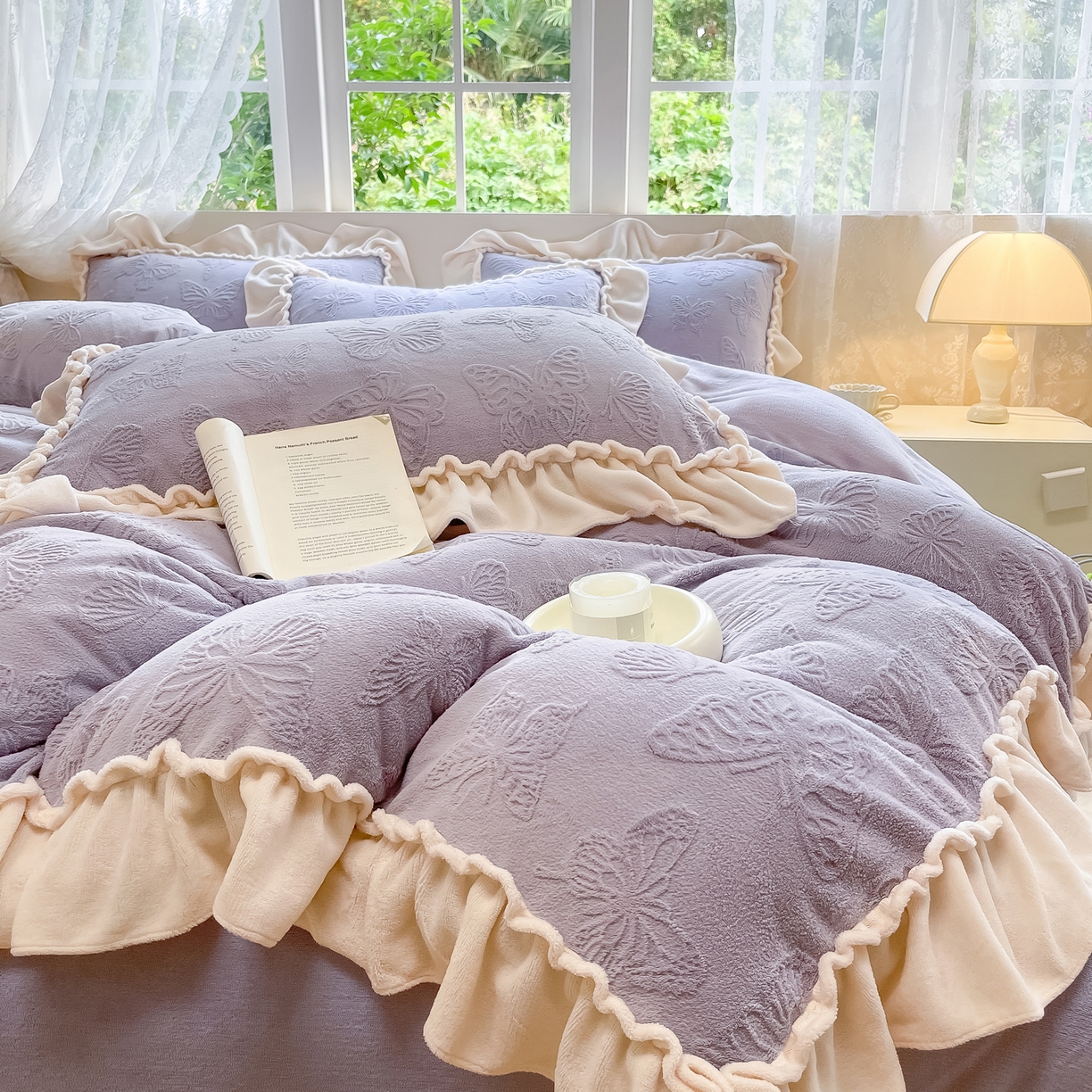 91家纺网 家纺一手货源 找家纺 水云缦 2025新款牛奶绒木耳边四件套-蝶舞 蝶舞-香芋紫