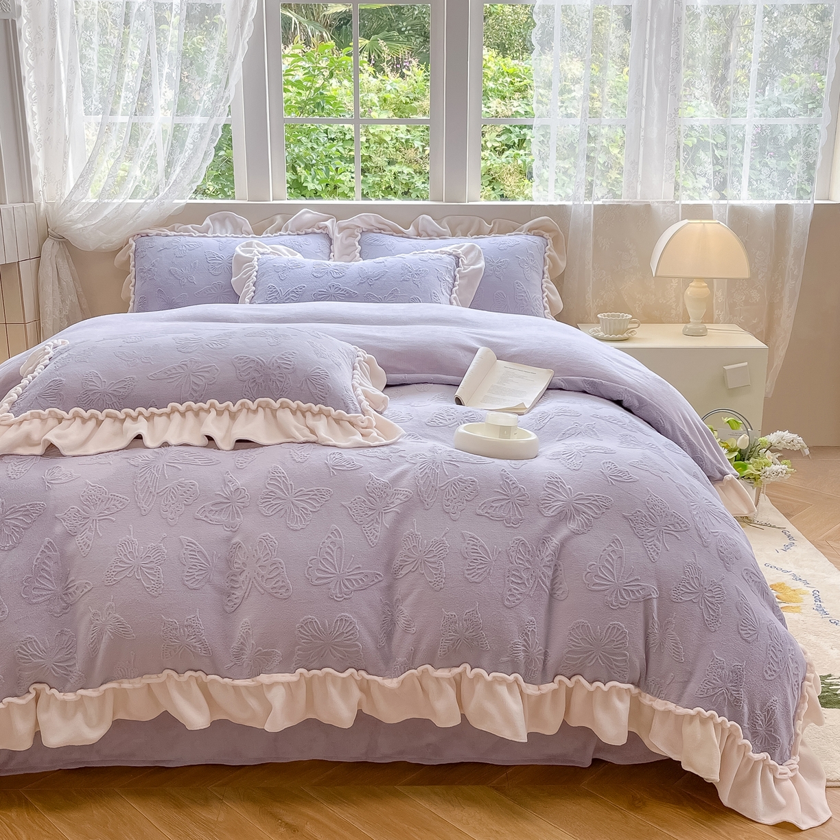 91家纺网 家纺一手货源 找家纺 水云缦 2025新款牛奶绒木耳边四件套-蝶舞 蝶舞-香芋紫