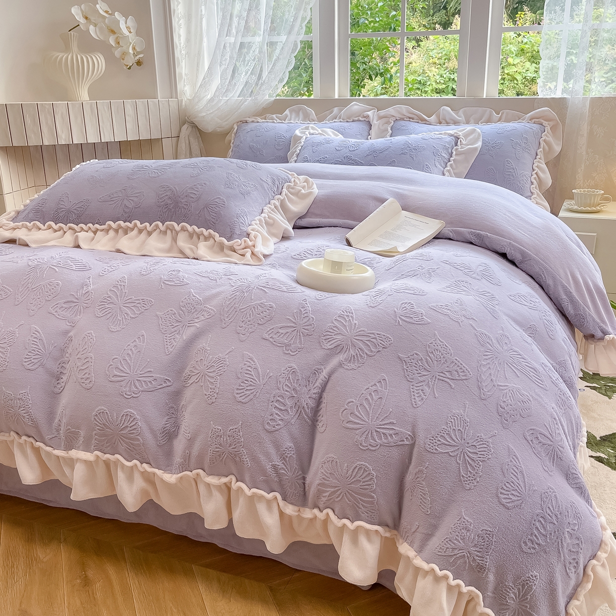 91家纺网 家纺一手货源 找家纺 水云缦 2025新款牛奶绒木耳边四件套-蝶舞 蝶舞-香芋紫