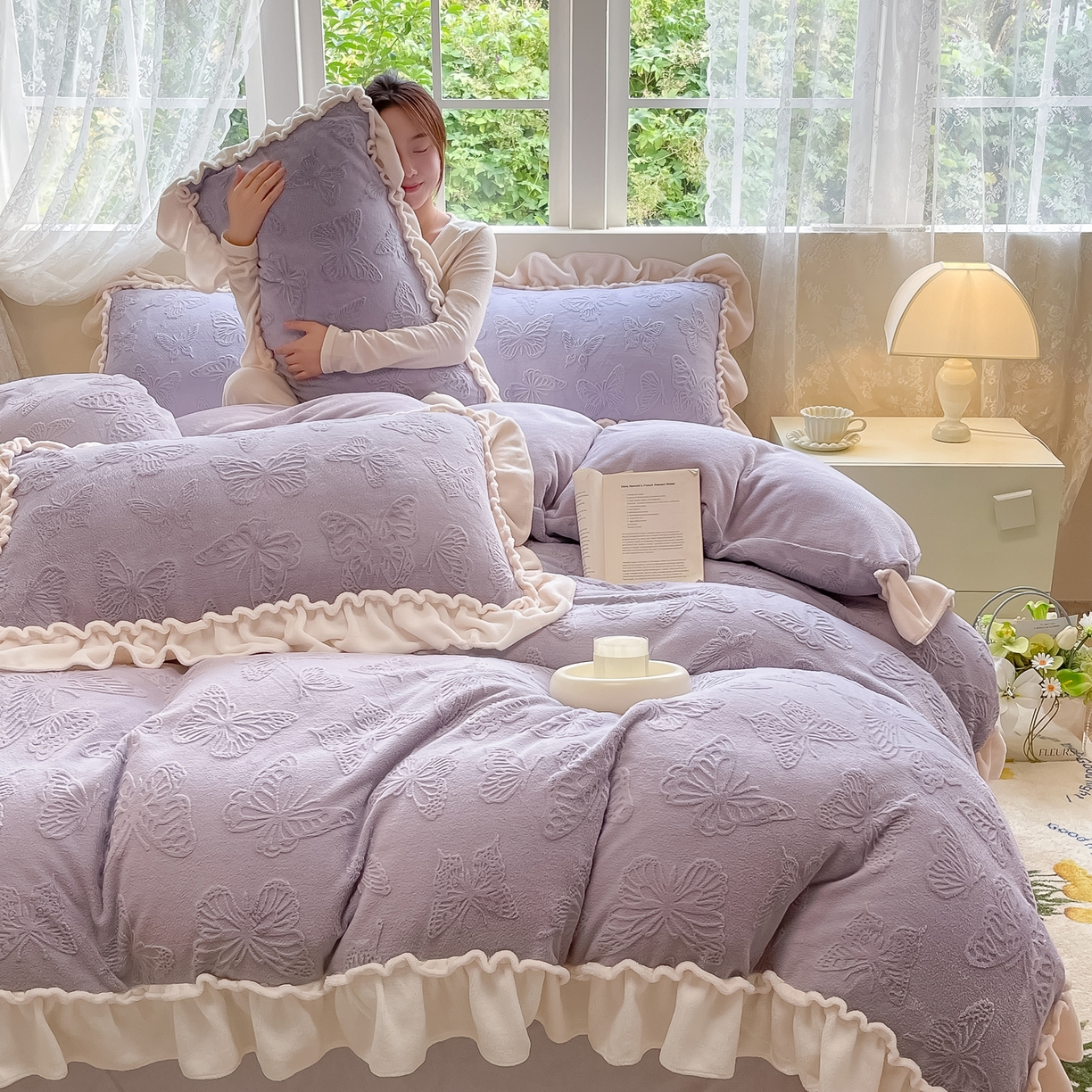 91家纺网 家纺一手货源 找家纺 水云缦 2025新款牛奶绒木耳边四件套-蝶舞 蝶舞-香芋紫