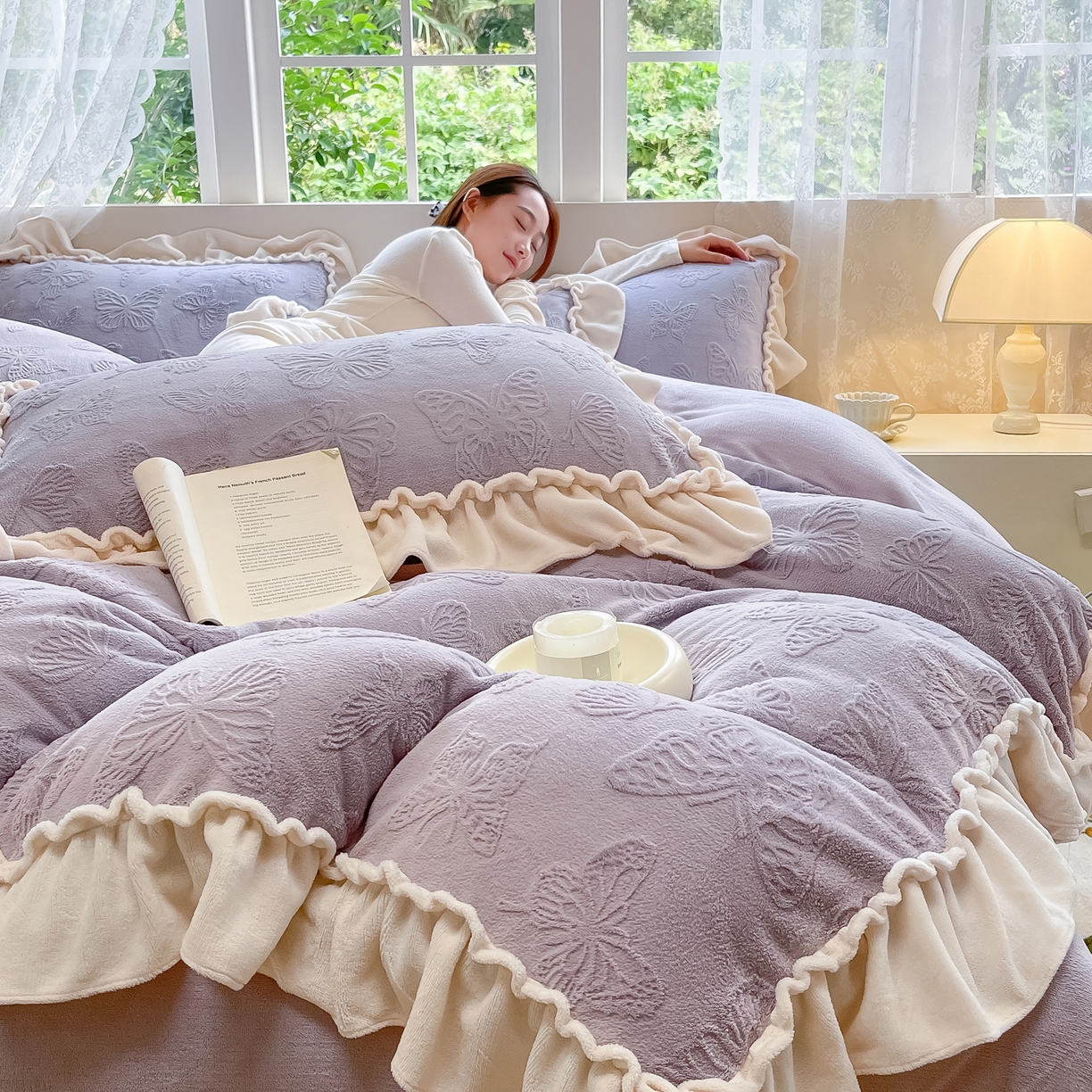 91家纺网 家纺一手货源 找家纺 水云缦 2025新款牛奶绒木耳边四件套-蝶舞 蝶舞-香芋紫