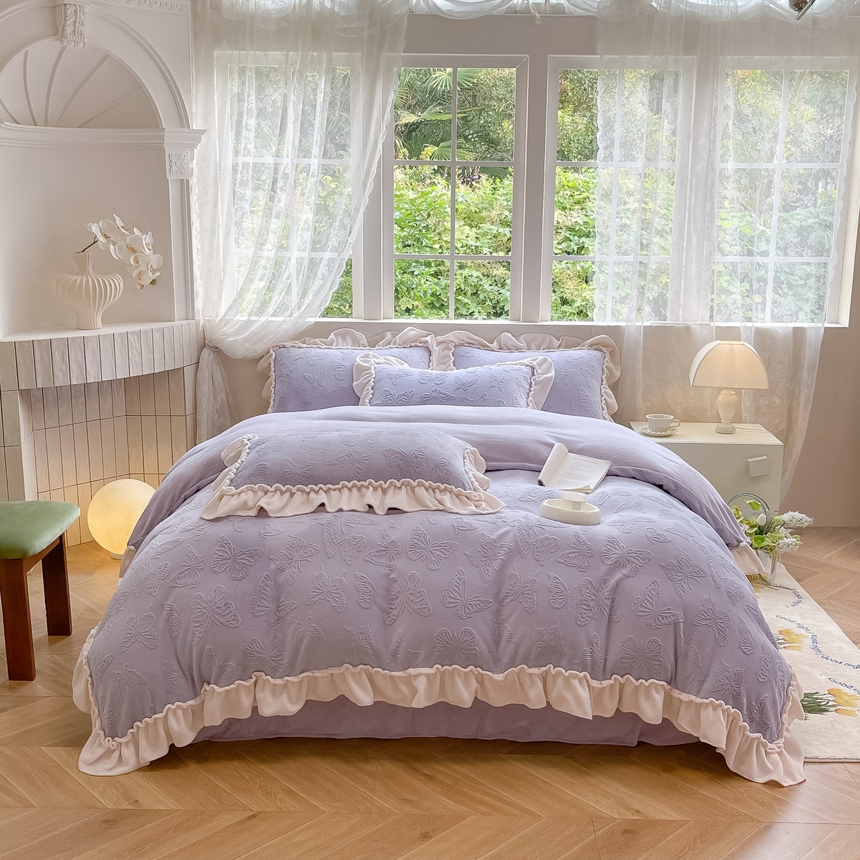 91家纺网 家纺一手货源 找家纺 水云缦 2025新款牛奶绒木耳边四件套-蝶舞 蝶舞-香芋紫