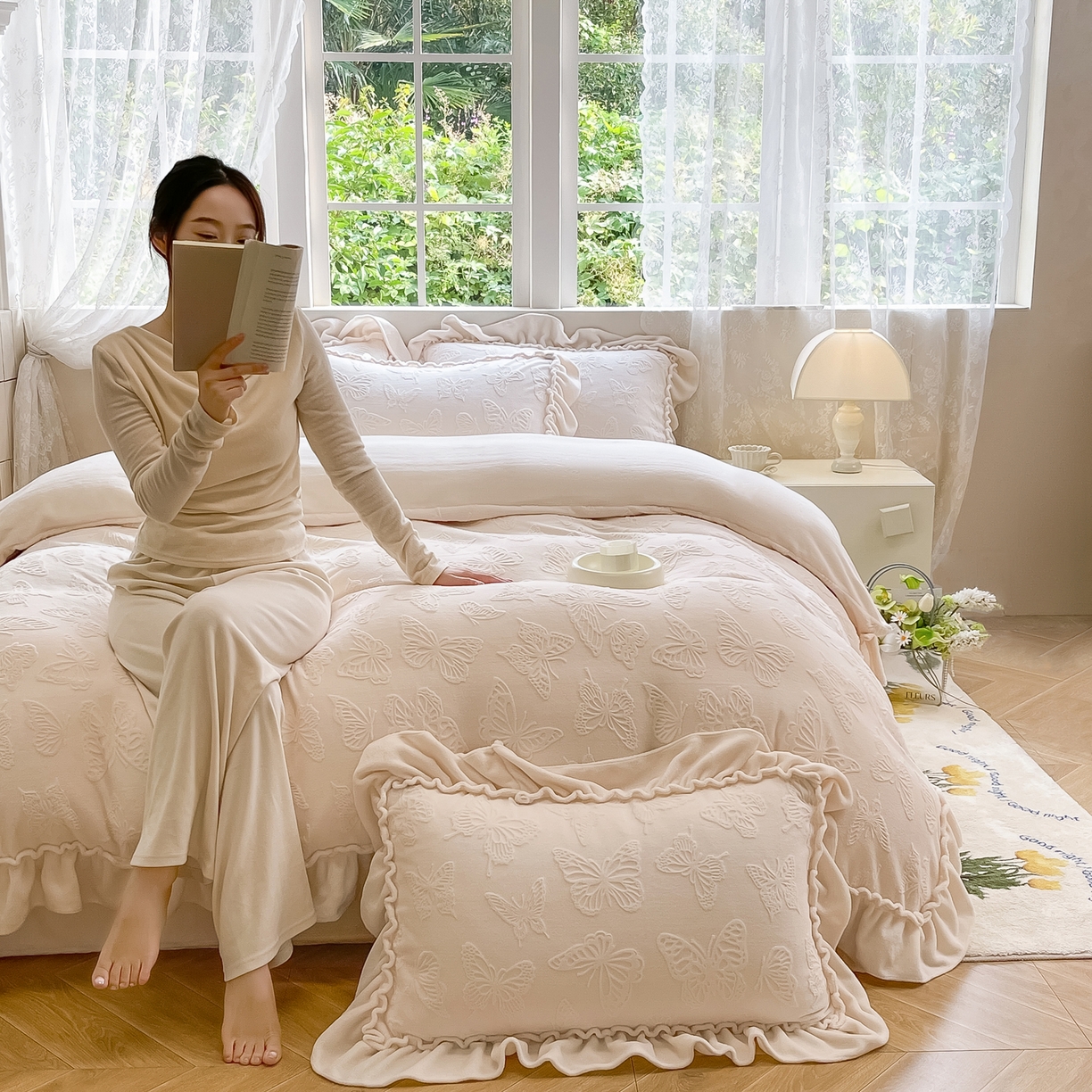 水云缦 2025新款牛奶绒木耳边四件套-蝶舞 蝶舞-奶昔白