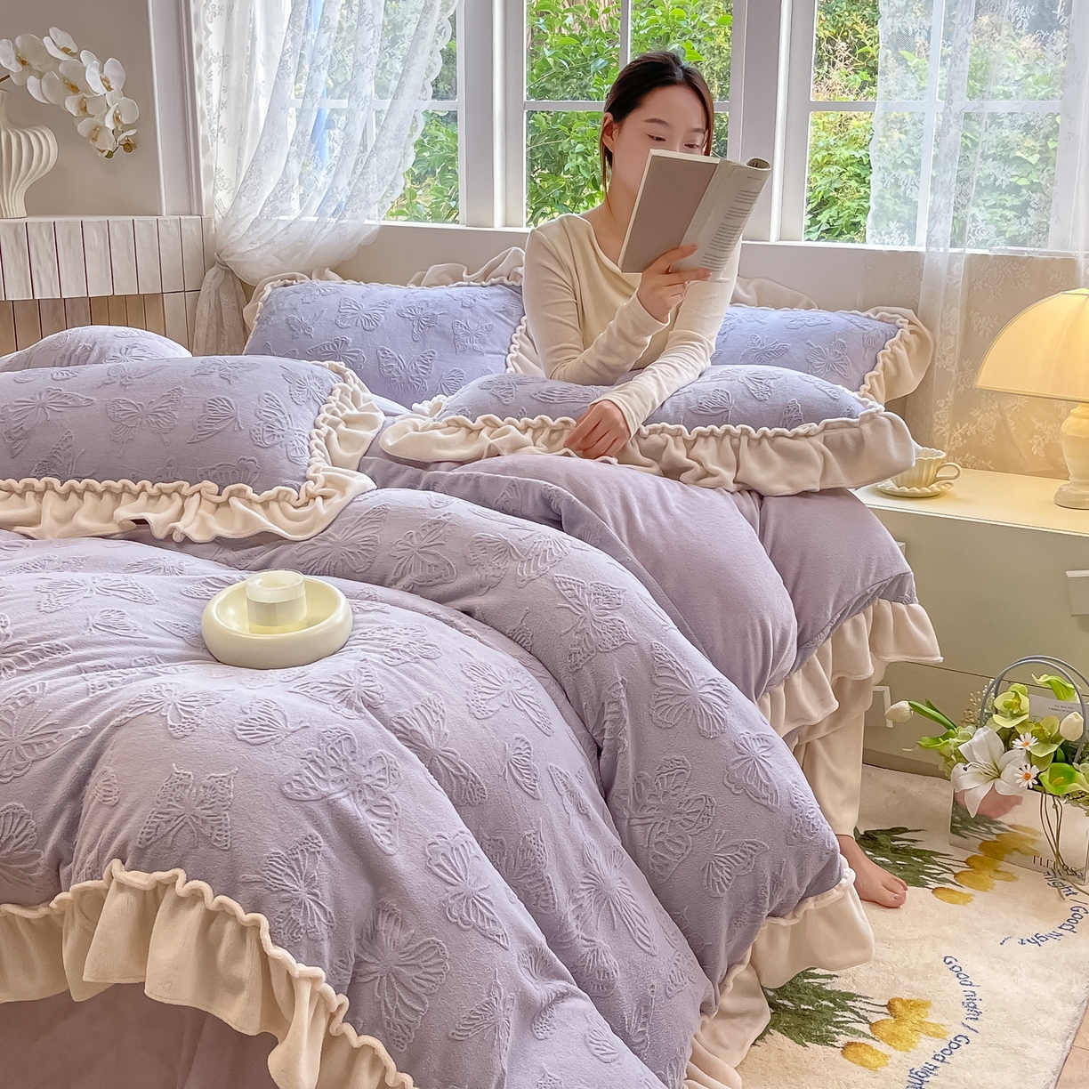 91家纺网 家纺一手货源 找家纺 水云缦 2025新款牛奶绒木耳边四件套-蝶舞 蝶舞-香芋紫