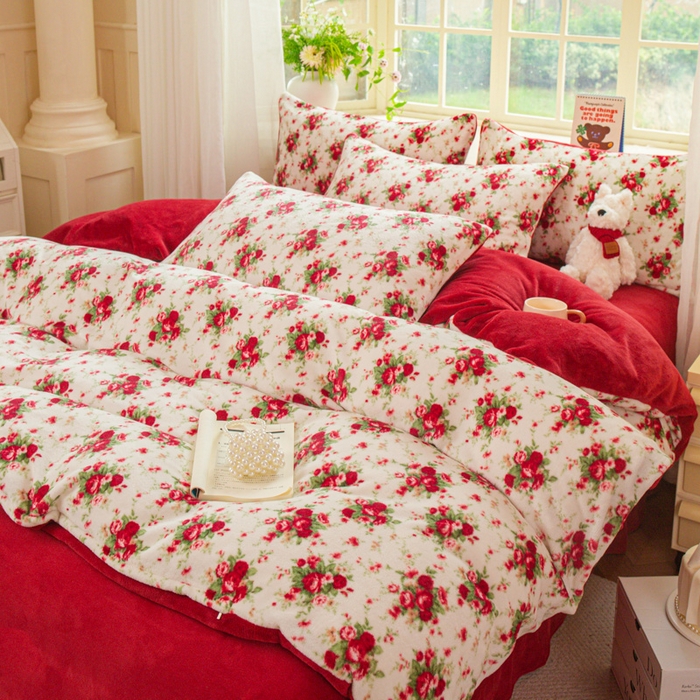 91家纺网 家纺一手货源 找家纺 斯卡诺家纺 2026新款小清新牛奶绒床盖四件套冬季加厚床盖四件套 花妖粉