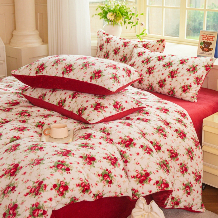 91家纺网 家纺一手货源 找家纺 斯卡诺家纺 2026新款小清新牛奶绒床盖四件套冬季加厚床盖四件套 花妖粉