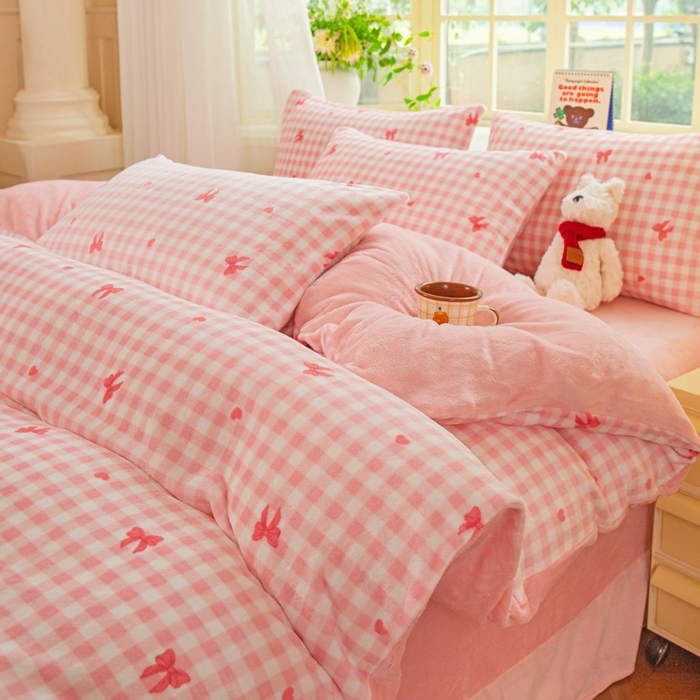 斯卡诺家纺 2026新款小清新牛奶绒床盖四件套冬季加厚床盖四件套 洁美-粉