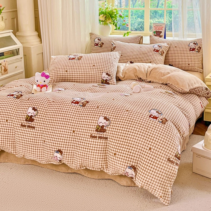 91家纺网 家纺一手货源 找家纺 斯卡诺家纺 2026新款小清新牛奶绒床盖四件套冬季加厚床盖四件套 kt猫-咖