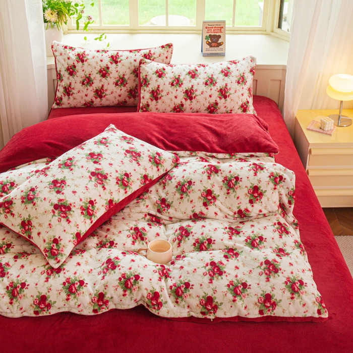 91家纺网 家纺一手货源 找家纺 斯卡诺家纺 2026新款小清新牛奶绒床盖四件套冬季加厚床盖四件套 花妖粉