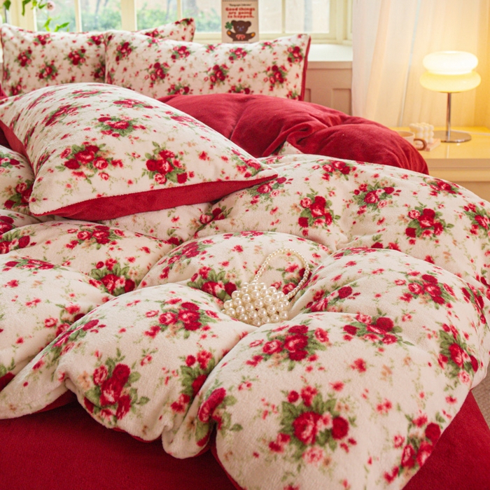 91家纺网 家纺一手货源 找家纺 斯卡诺家纺 2026新款小清新牛奶绒床盖四件套冬季加厚床盖四件套 花妖粉