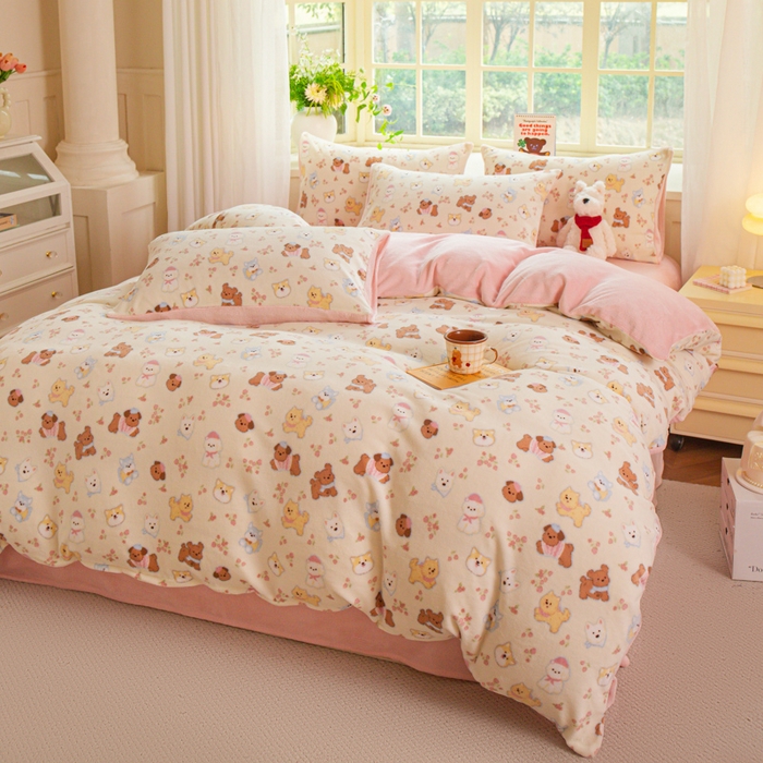 91家纺网 家纺一手货源 找家纺 斯卡诺家纺 2026新款小清新牛奶绒床盖四件套冬季加厚床盖四件套 高西地