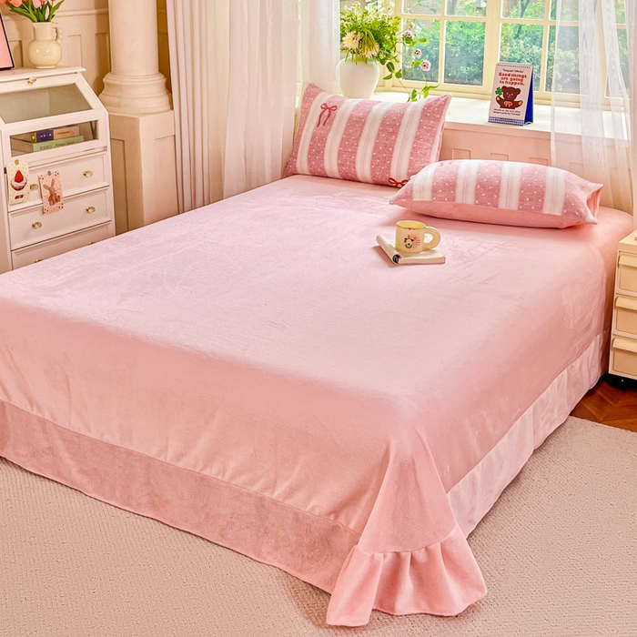 91家纺网 家纺一手货源 找家纺 斯卡诺家纺 2026新款小清新牛奶绒床盖四件套冬季加厚床盖四件套 蝶梦-粉