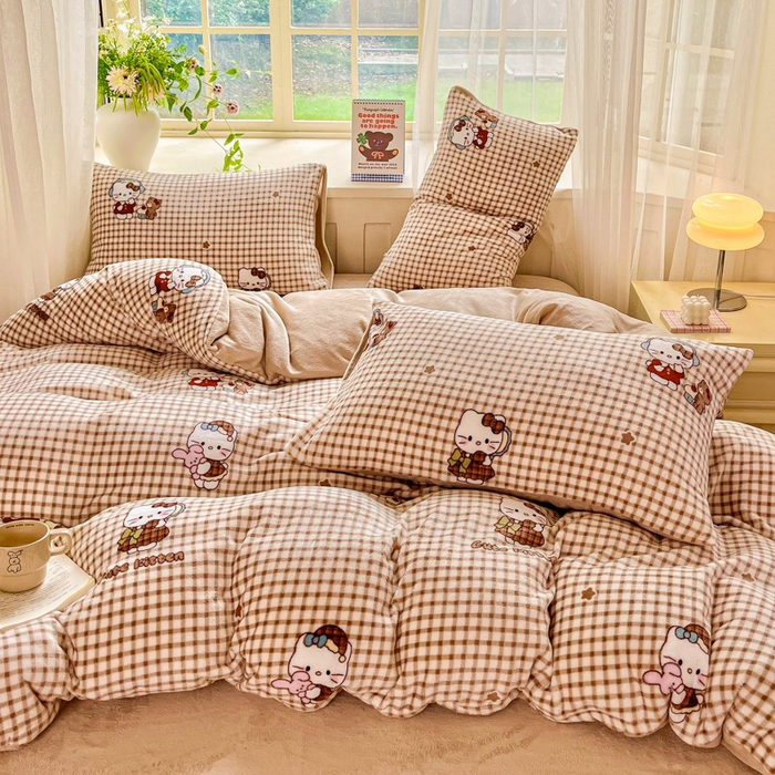 91家纺网 家纺一手货源 找家纺 斯卡诺家纺 2026新款小清新牛奶绒床盖四件套冬季加厚床盖四件套 kt猫-咖