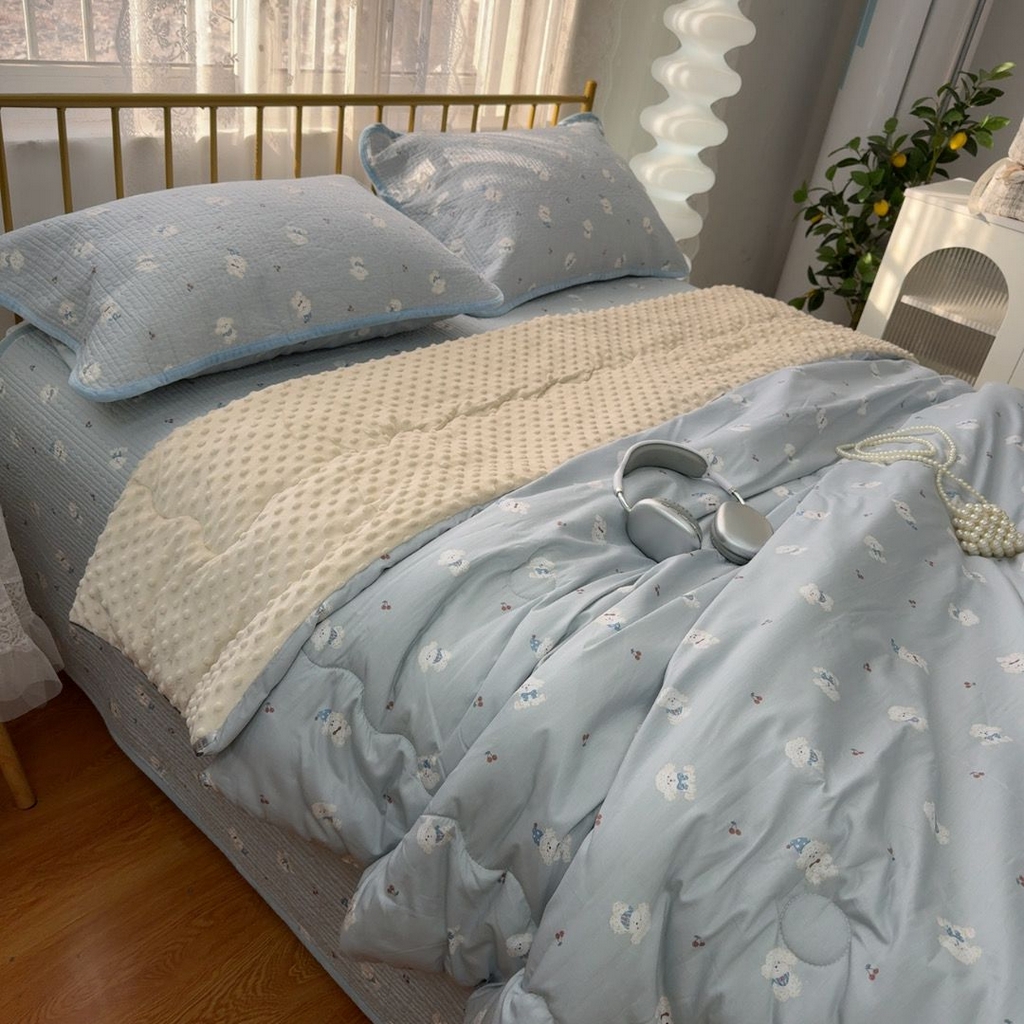 暖居 2026新款一面纯棉一面绒床盖+同款纯棉豆豆被跑量 冰淇淋